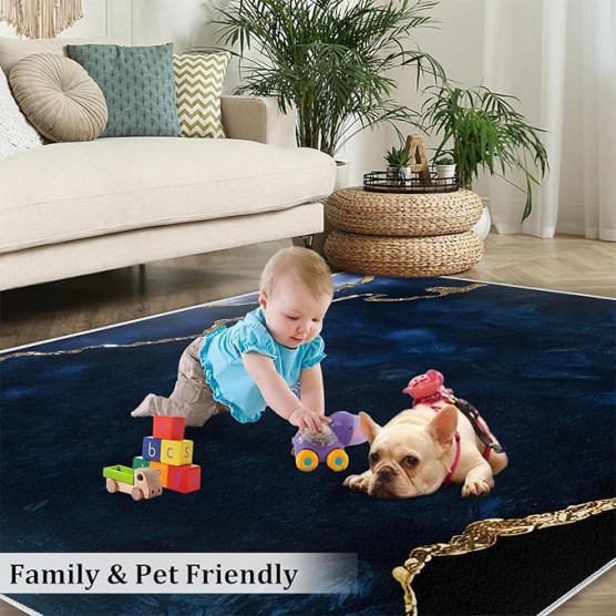 Navy Blue Marble Area Rug, Luxury Geometric Gold Foil Texture Indoor Non-Slip Rugs, Machine Washable Breathable Easy Care Carpet for Living Room Bedroom Dining Room - 6' x 9', Style-14