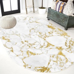 Luxury Wool Oval Soft Shag Fluffy Area Rug 10x12 White and Gold Marble Texture Modern Abstract Rug for Living Room Bedroom Diningroom Large Long Rug Beside Sofa Bed Home Office Floor Carpets