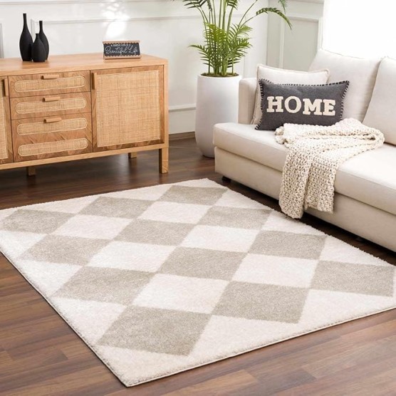 Arilla Modern Geometric Diamond Area Rug for Living Room, Bedroom - Machine Washable Area Rug - Contemporary Soft Cozy Shag Rug - High Pile - Peach, Medium Gray - 7'10" x 10' (8x10)