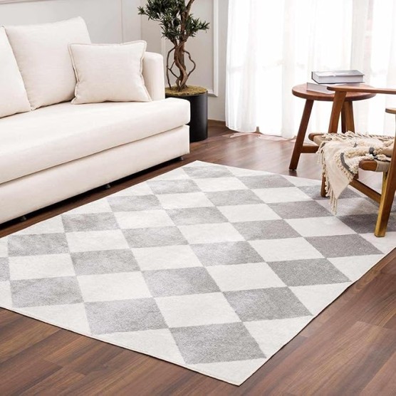 Ulric Modern Geometric Diamond Area Rug for Living Room, Bedroom - Machine Washable Area Rug - Stain Resistant - Pet Friendly - Medium Pile - Cream, Light Gray - 6'7" x 9' (6x9)