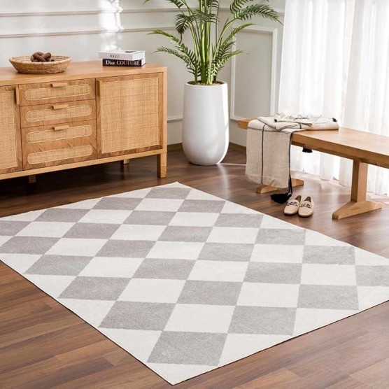 Ulric Modern Geometric Diamond Area Rug for Living Room, Bedroom - Machine Washable Area Rug - Stain Resistant - Pet Friendly - Medium Pile - Cream, Light Gray - 6'7" x 9' (6x9)