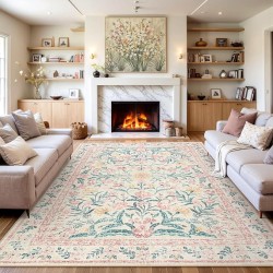 Machine Washable 10x14 Area Rugs, Large Living Room Rug Floral Pink and White Carpet, Boho Soft Ultra-Thin Foldable Carpets for Bedroom Dining Room Office