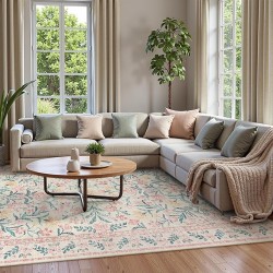 Machine Washable 10x14 Area Rugs, Large Living Room Rug Floral Pink and White Carpet, Boho Soft Ultra-Thin Foldable Carpets for Bedroom Dining Room Office