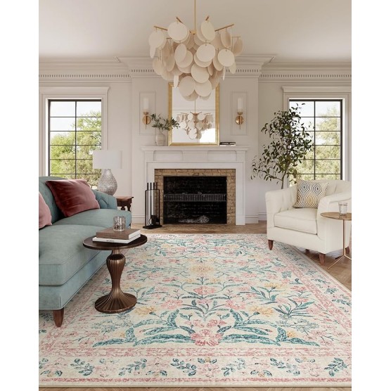 Machine Washable 10x14 Area Rugs, Large Living Room Rug Floral Pink and White Carpet, Boho Soft Ultra-Thin Foldable Carpets for Bedroom Dining Room Office