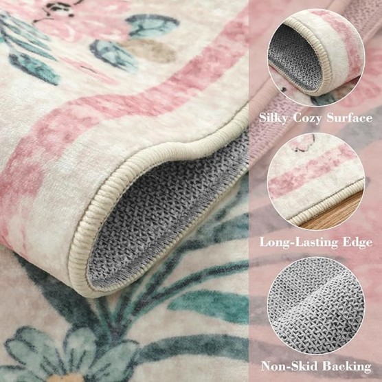 Machine Washable 10x14 Area Rugs, Large Living Room Rug Floral Pink and White Carpet, Boho Soft Ultra-Thin Foldable Carpets for Bedroom Dining Room Office