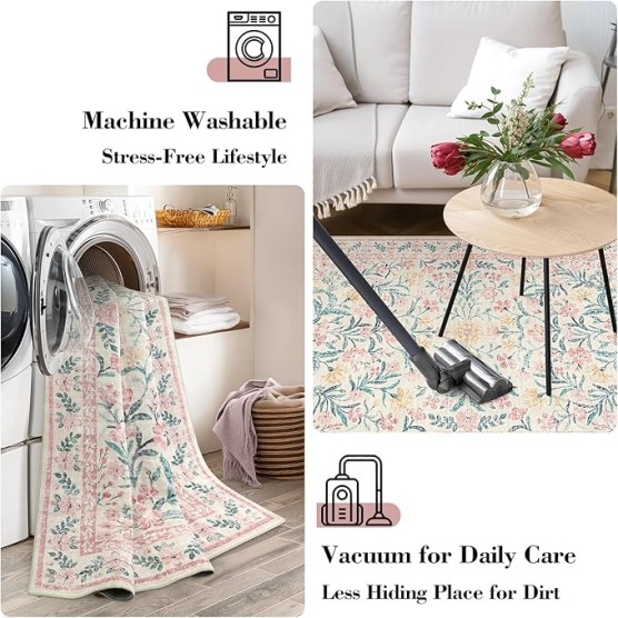 Machine Washable 10x14 Area Rugs, Large Living Room Rug Floral Pink and White Carpet, Boho Soft Ultra-Thin Foldable Carpets for Bedroom Dining Room Office