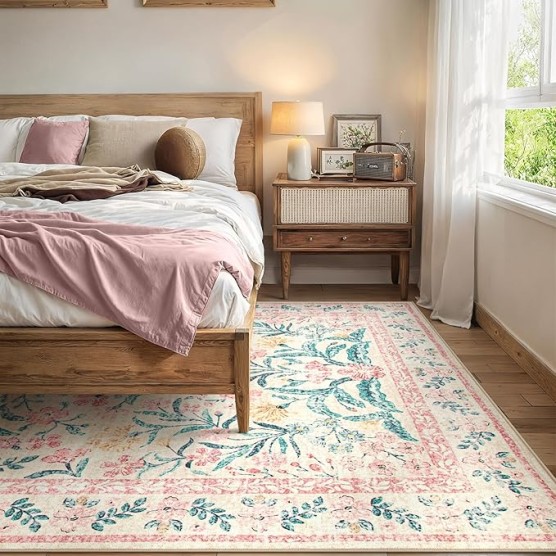 Machine Washable 10x14 Area Rugs, Large Living Room Rug Floral Pink and White Carpet, Boho Soft Ultra-Thin Foldable Carpets for Bedroom Dining Room Office