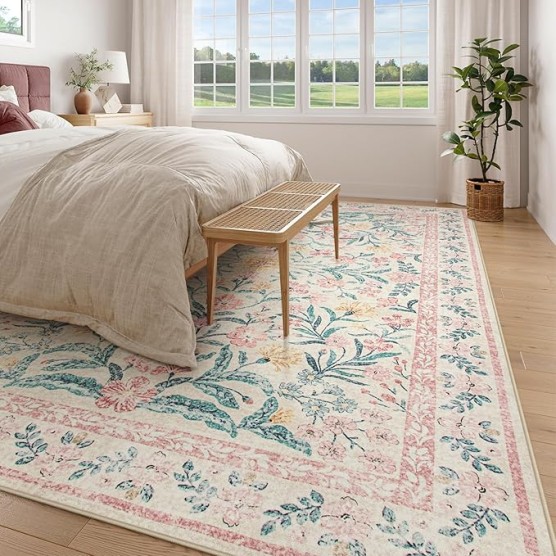 Machine Washable 10x14 Area Rugs, Large Living Room Rug Floral Pink and White Carpet, Boho Soft Ultra-Thin Foldable Carpets for Bedroom Dining Room Office