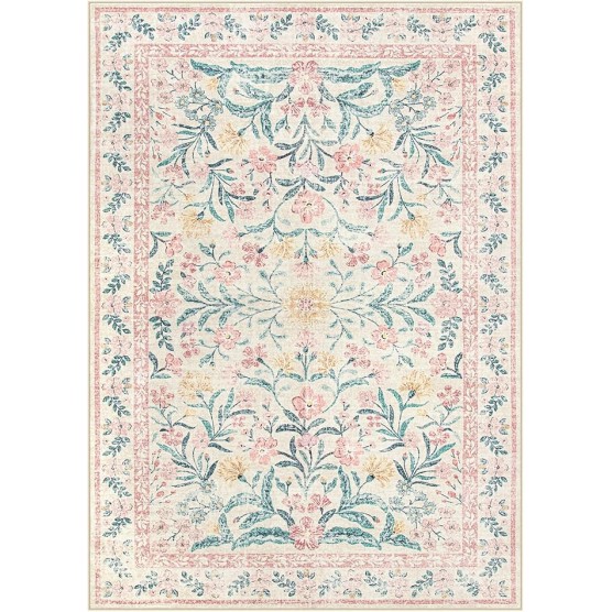 Machine Washable 10x14 Area Rugs, Large Living Room Rug Floral Pink and White Carpet, Boho Soft Ultra-Thin Foldable Carpets for Bedroom Dining Room Office