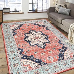 Vintage Area Rug for Living Room 7x10 Machine Washable Rug Non Slip Low Pile Large Rug for Living Room, Bedroom, Farmhouse, Dining Room, Red&Blue