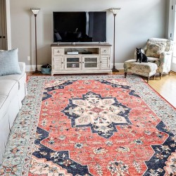 Vintage Area Rug for Living Room 7x10 Machine Washable Rug Non Slip Low Pile Large Rug for Living Room, Bedroom, Farmhouse, Dining Room, Red&Blue
