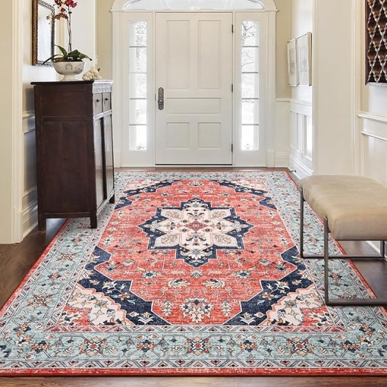 Vintage Area Rug for Living Room 7x10 Machine Washable Rug Non Slip Low Pile Large Rug for Living Room, Bedroom, Farmhouse, Dining Room, Red&Blue