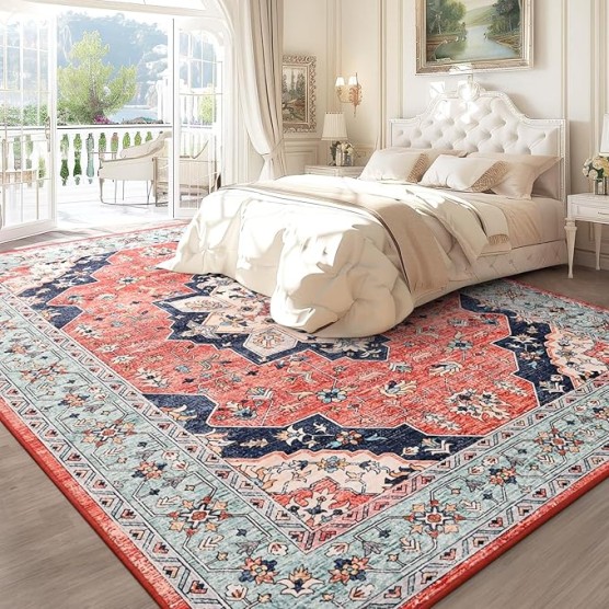 Vintage Area Rug for Living Room 7x10 Machine Washable Rug Non Slip Low Pile Large Rug for Living Room, Bedroom, Farmhouse, Dining Room, Red&Blue