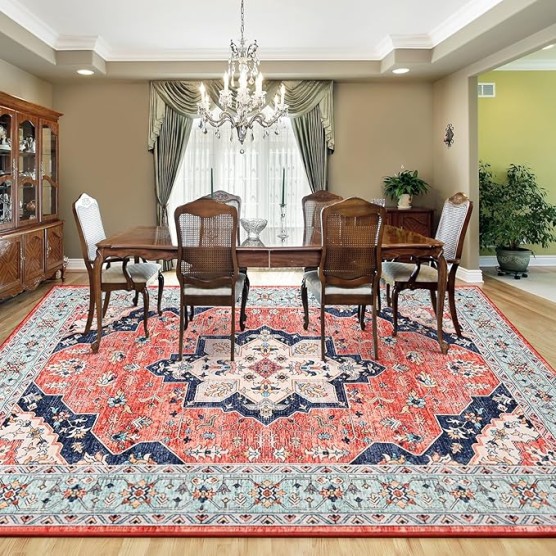 Vintage Area Rug for Living Room 7x10 Machine Washable Rug Non Slip Low Pile Large Rug for Living Room, Bedroom, Farmhouse, Dining Room, Red&Blue
