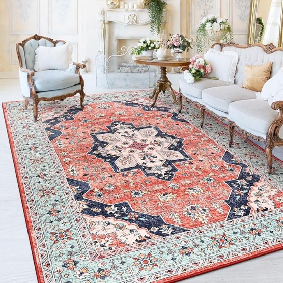 Vintage Area Rug for Living Room 7x10 Machine Washable Rug Non Slip Low Pile Large Rug for Living Room, Bedroom, Farmhouse, Dining Room, Red&Blue