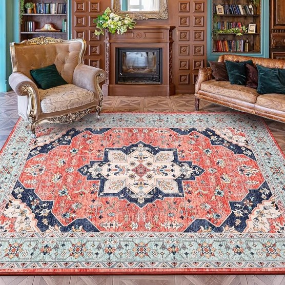 Vintage Area Rug for Living Room 7x10 Machine Washable Rug Non Slip Low Pile Large Rug for Living Room, Bedroom, Farmhouse, Dining Room, Red&Blue