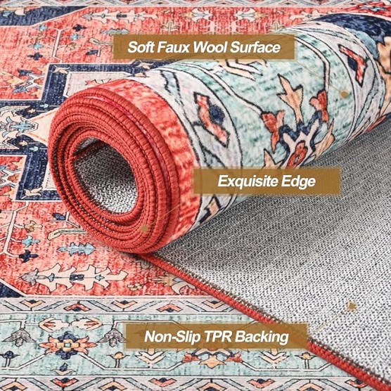 Vintage Area Rug for Living Room 7x10 Machine Washable Rug Non Slip Low Pile Large Rug for Living Room, Bedroom, Farmhouse, Dining Room, Red&Blue