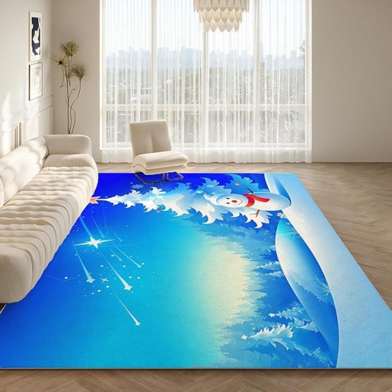 Area Rugs for Bedroom Living Room, Fluffy Fuzzy Shag Shaggy Carpet Soft Plush Furry Bedside Rug, Indoor Floor 7x9 Rug for Kids Girls Boys Home Decor, Blue Snowman Christmas Tree