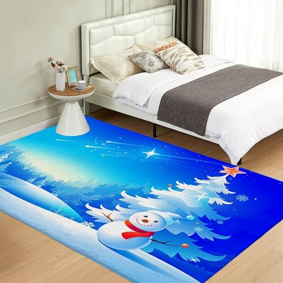 Area Rugs for Bedroom Living Room, Fluffy Fuzzy Shag Shaggy Carpet Soft Plush Furry Bedside Rug, Indoor Floor 7x9 Rug for Kids Girls Boys Home Decor, Blue Snowman Christmas Tree