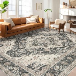 Washable Rugs 9x12, Large Area Rugs 9x12 Living Room with Non-Slip Backing, Super-Soft Floral Vintage Rug, Low Pile Area Rug for Bedroom, Dining Room, Office (Black/Beige, 9'x12')