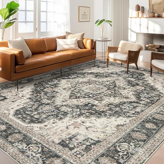 Washable Rugs 9x12, Large Area Rugs 9x12 Living Room with Non-Slip Backing, Super-Soft Floral Vintage Rug, Low Pile Area Rug for Bedroom, Dining Room, Office (Black/Beige, 9'x12')