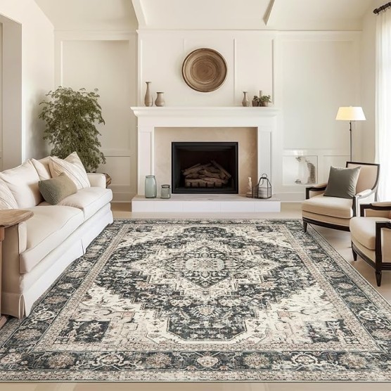 Washable Rugs 9x12, Large Area Rugs 9x12 Living Room with Non-Slip Backing, Super-Soft Floral Vintage Rug, Low Pile Area Rug for Bedroom, Dining Room, Office (Black/Beige, 9'x12')