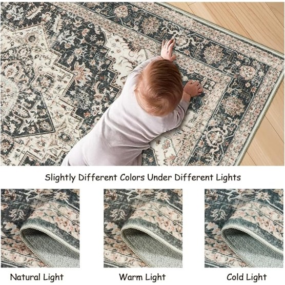 Washable Rugs 9x12, Large Area Rugs 9x12 Living Room with Non-Slip Backing, Super-Soft Floral Vintage Rug, Low Pile Area Rug for Bedroom, Dining Room, Office (Black/Beige, 9'x12')