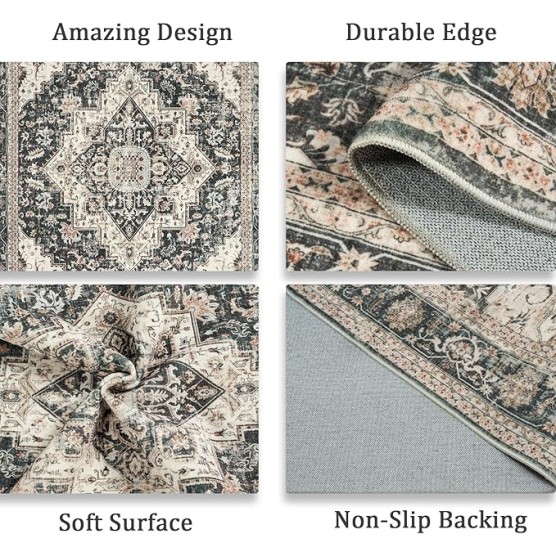 Washable Rugs 9x12, Large Area Rugs 9x12 Living Room with Non-Slip Backing, Super-Soft Floral Vintage Rug, Low Pile Area Rug for Bedroom, Dining Room, Office (Black/Beige, 9'x12')