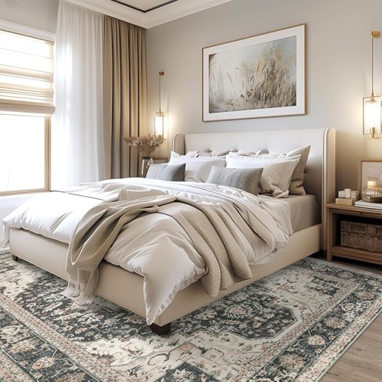 Washable Rugs 9x12, Large Area Rugs 9x12 Living Room with Non-Slip Backing, Super-Soft Floral Vintage Rug, Low Pile Area Rug for Bedroom, Dining Room, Office (Black/Beige, 9'x12')