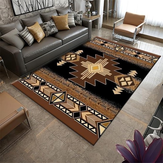 Southwestern Tribal Area Rug - 6x8ft-Native American Indian Individual Rug, Aztec Rug for Living Room Bedroom Dining Carpet with Non-Slip Backing Room, Brown, Gray, Black, Yellow