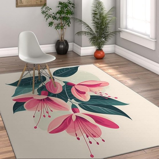 Botanical Floral Area Rug 8'x10' Luxury Modern Entryway Rug Nonslip Rustic Pink Flowers Area Rug for Bedroom Home Office Decor
