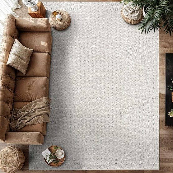 Modern Micro Loop Indoor Area Rugs for Living Room Bedroom Kitchen Geometric Triangle White 9x12 Luxury Durable Low and High Pile Non-Shedding Stain Resistant Soft Area Carpet 9 x 12