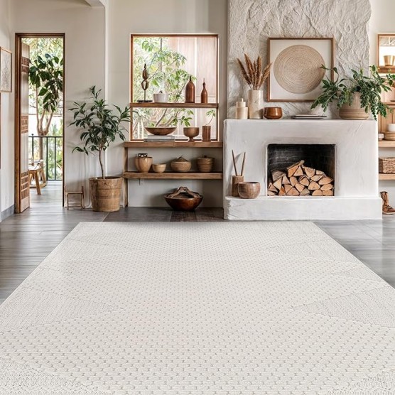 Modern Micro Loop Indoor Area Rugs for Living Room Bedroom Kitchen Geometric Triangle White 9x12 Luxury Durable Low and High Pile Non-Shedding Stain Resistant Soft Area Carpet 9 x 12