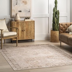 Bayberry Spill Proof Vintage Machine Washable Area Rug, 9x12, Sand