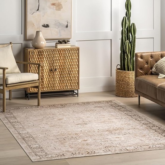 Bayberry Spill Proof Vintage Machine Washable Area Rug, 9x12, Sand