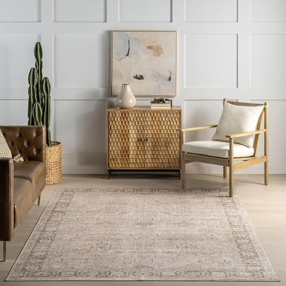 Bayberry Spill Proof Vintage Machine Washable Area Rug, 9x12, Sand