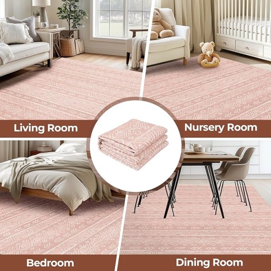 Boho Moroccan Area Rugs 5x7&8x10 Machine Washable Boho Rug for Living Room Bedroom, Vintage Floor Carpet Non-Slip Stain Low Pile Resistant Soft Rug for Indoor Kitchen Office Home Decor