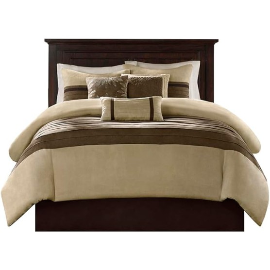 Upgrade Your Bedroom Comfort with 7-Piece Faux Suede Comforter Set, Machine Washable, Elegant Natural Tones for California King
