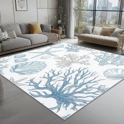 Area Rugs 8 x 10 ft for Living Room, Simple Starfish Coral Print Rectangular Non-Slip Rug, White Blue Stain Resistant Washable Low Pile Carpet,for Bedroom Entryway Flannel Home Carpets