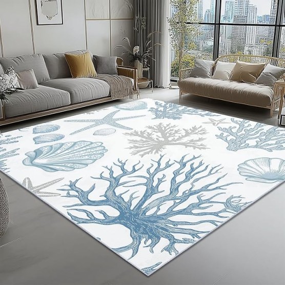 Area Rugs 8 x 10 ft for Living Room, Simple Starfish Coral Print Rectangular Non-Slip Rug, White Blue Stain Resistant Washable Low Pile Carpet,for Bedroom Entryway Flannel Home Carpets