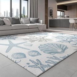 Area Rugs 8 x 10 ft for Living Room, Simple Starfish Coral Print Rectangular Non-Slip Rug, White Blue Stain Resistant Washable Low Pile Carpet,for Bedroom Entryway Flannel Home Carpets