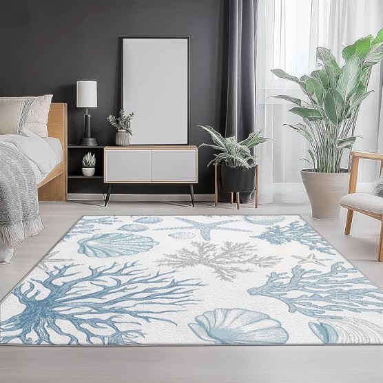 Area Rugs 8 x 10 ft for Living Room, Simple Starfish Coral Print Rectangular Non-Slip Rug, White Blue Stain Resistant Washable Low Pile Carpet,for Bedroom Entryway Flannel Home Carpets