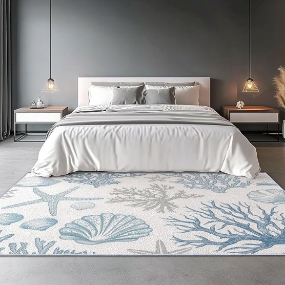 Area Rugs 8 x 10 ft for Living Room, Simple Starfish Coral Print Rectangular Non-Slip Rug, White Blue Stain Resistant Washable Low Pile Carpet,for Bedroom Entryway Flannel Home Carpets