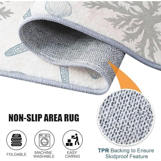 Area Rugs 8 x 10 ft for Living Room, Simple Starfish Coral Print Rectangular Non-Slip Rug, White Blue Stain Resistant Washable Low Pile Carpet,for Bedroom Entryway Flannel Home Carpets