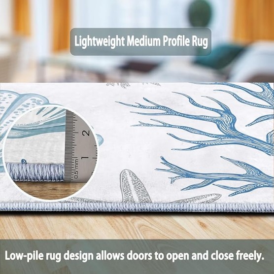 Area Rugs 8 x 10 ft for Living Room, Simple Starfish Coral Print Rectangular Non-Slip Rug, White Blue Stain Resistant Washable Low Pile Carpet,for Bedroom Entryway Flannel Home Carpets