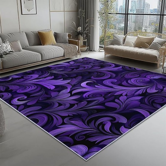 Area Rugs 8 x 10 ft, Fantasy Flowers Plants Textures Machine Washable Rug for Living Room Bedroom Dining Room Hallway, Non Slip Indoor Soft Low Pile Carpet for Farmhouse Office Home Decor Purple