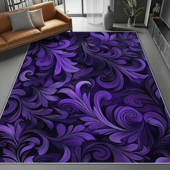 Area Rugs 8 x 10 ft, Fantasy Flowers Plants Textures Machine Washable Rug for Living Room Bedroom Dining Room Hallway, Non Slip Indoor Soft Low Pile Carpet for Farmhouse Office Home Decor Purple