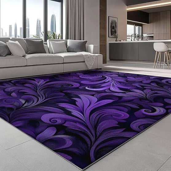 Area Rugs 8 x 10 ft, Fantasy Flowers Plants Textures Machine Washable Rug for Living Room Bedroom Dining Room Hallway, Non Slip Indoor Soft Low Pile Carpet for Farmhouse Office Home Decor Purple