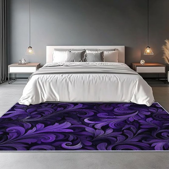 Area Rugs 8 x 10 ft, Fantasy Flowers Plants Textures Machine Washable Rug for Living Room Bedroom Dining Room Hallway, Non Slip Indoor Soft Low Pile Carpet for Farmhouse Office Home Decor Purple