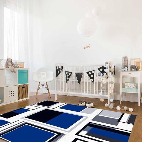 Geometric Area Runner Rug Carpet 5'x7',Abstract Blue Black Boho White Grey Minimalist Kitchen Living Room Bathroom Bedroom Classroom Laundry Room Washable Bath Rug,Doormat Desk Welcome Floor Door Mat